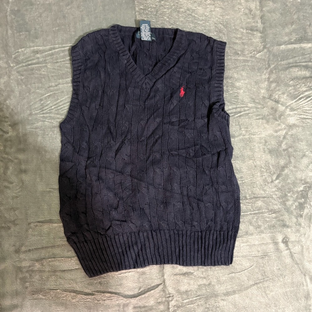 polo Ralph Lauren Sweater Vest Kids Small (8) Blue Cable Knit V Neck Preppy